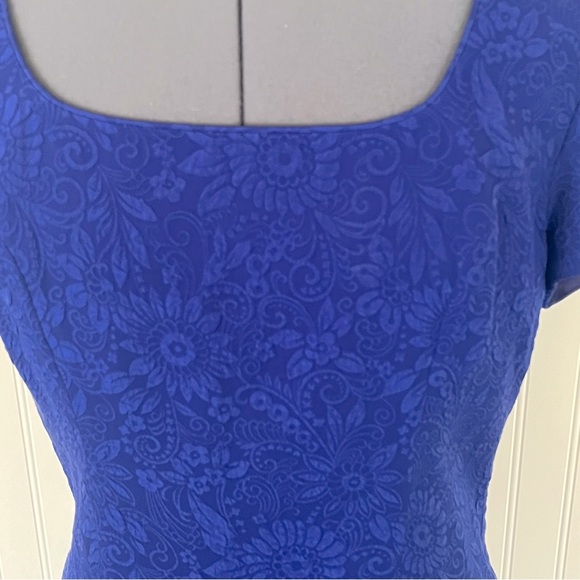Vintage Royal Blue Silk Mini Dress Scoop Neck Floral Brocade Textured Size 10 - Picture 4 of 12